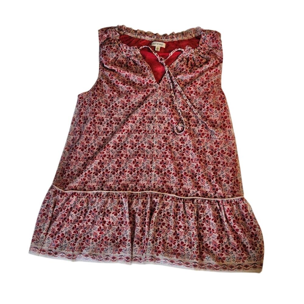 Max Studio Women's Large Red Floral Sleeveless Blouse Top Sheer Overlay Necktie